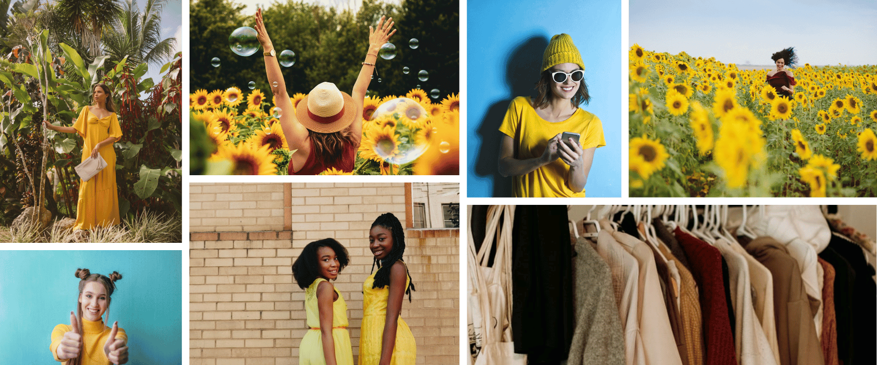 Collage of images of happy women in yellow clothes used in my Flavo project