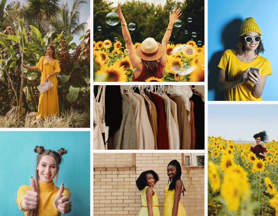 Collage of images of happy women in yellow clothes used in my Flavo project