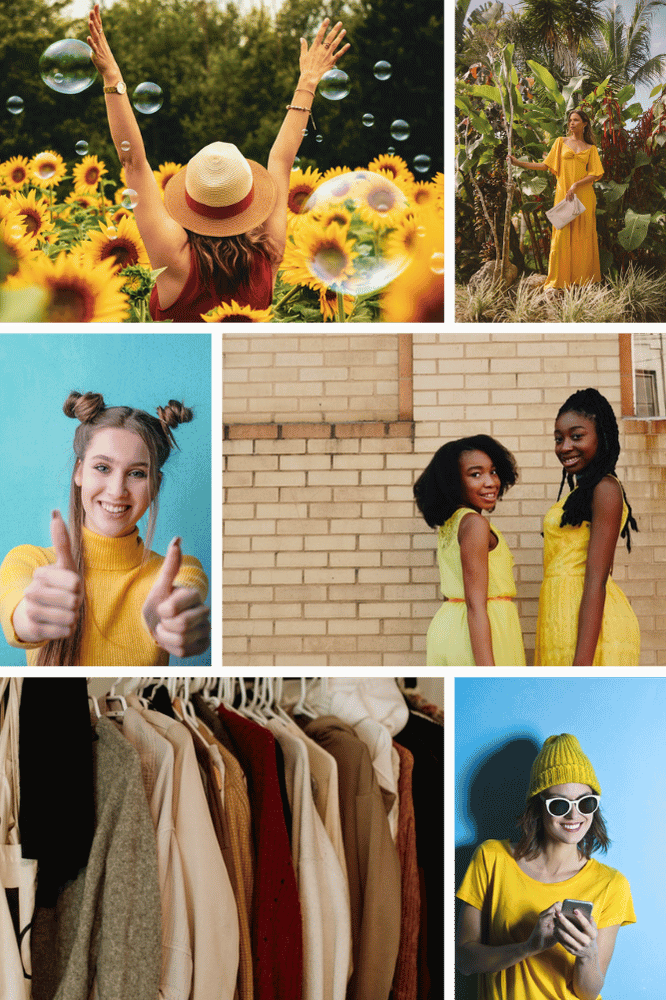 Collage of images of happy women in yellow clothes used in my Flavo project